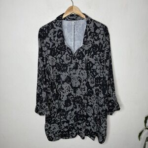 Catherines Black White Houndstooth‎ V-neck Button Front Blouse Women's 4X Floral
